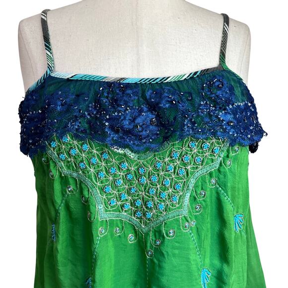 Y2K Free People Boho Hippie Teal and Green Silk Embroidered Tank Top Size 8 - Picture 4 of 11